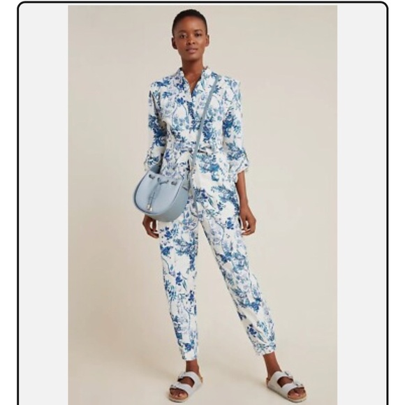 Anthropologie Lucienne Floral Belted Jumpsuit Cottagecore Coastal Euro Summer - Picture 2 of 7